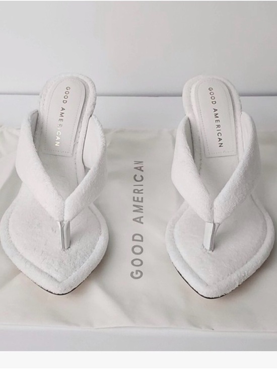 Good American Shoes - Good American White Plush Thong Wedge Sandals